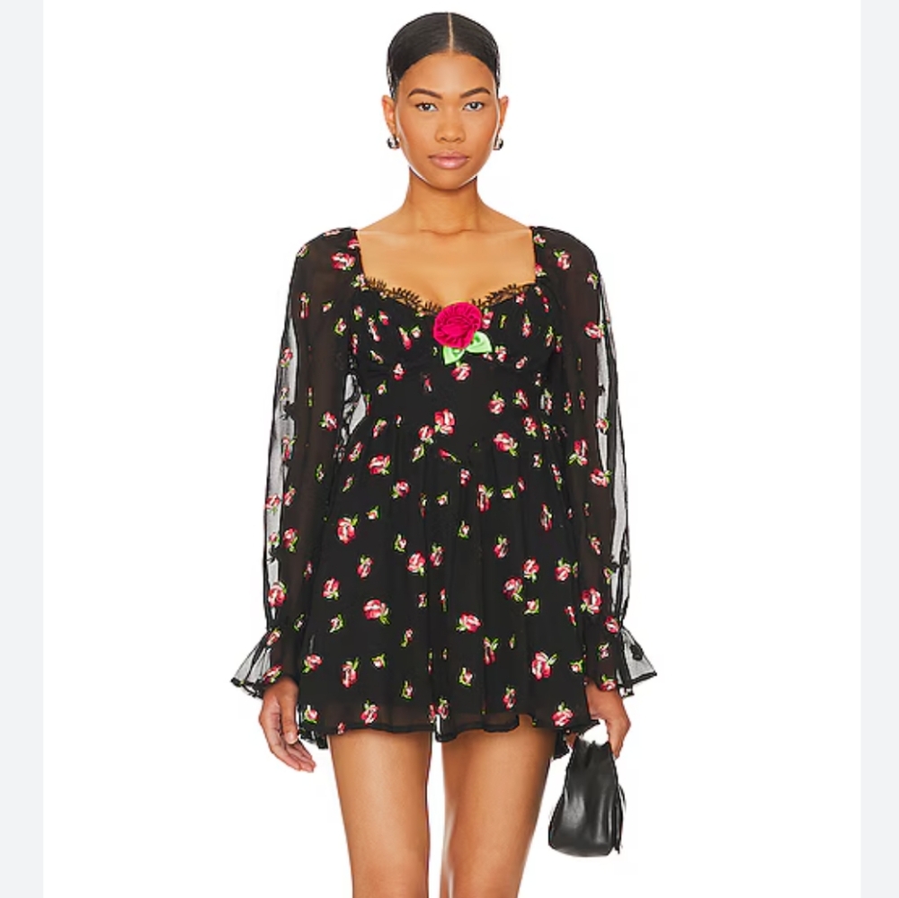 For Love & Lemons Black Mini Dress with Pink Rose Print